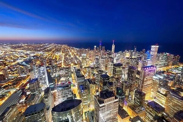 Chicago, Illinois USA aerial skyline towards Lake Michigan just after sunset