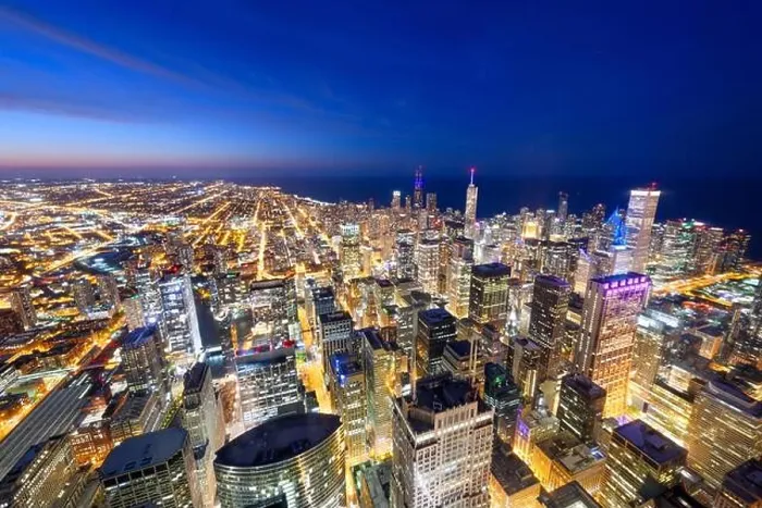 Framed Print : Chicago, Illinois USA aerial skyline towards Lake Michigan just after sunset Framed Print : Chicago, Illinois USA aerial skyline towards Lake Michigan just after sunset