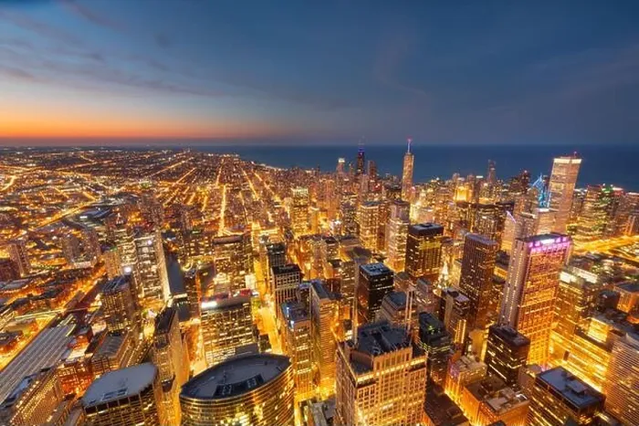 Framed Print : Chicago, Illinois USA aerial skyline towards Lake Michigan just after sunset Framed Print : Chicago, Illinois USA aerial skyline towards Lake Michigan just after sunset
