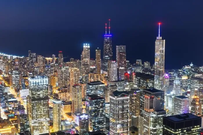 Framed Print : Chicago, Illinois USA aerial skyline towards Lake Michigan at night Framed Print : Chicago, Illinois USA aerial skyline towards Lake Michigan at night