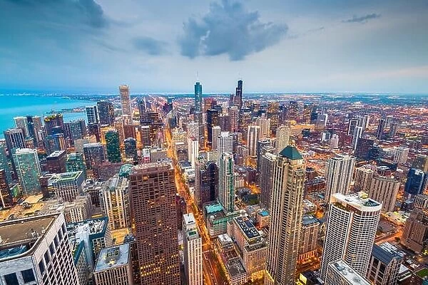 Chicago, Illinois USA aerial skyline after sunset