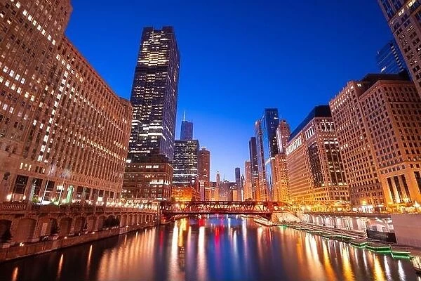 Chicago, Illinois, USA cityscape on the Chicago River at twilight
