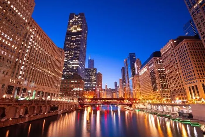 Framed Print : Chicago, Illinois, USA cityscape on the Chicago River at twilight Framed Print : Chicago, Illinois, USA cityscape on the Chicago River at twilight