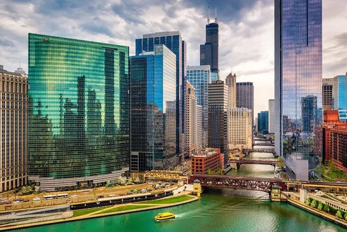 Framed Print : Chicago, Illinois, USA cityscape over the river at twilight