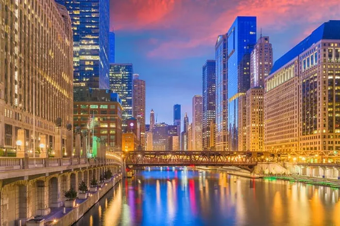 Framed Print : Chicago, Illinois, USA cityscape on the river at twilight Framed Print : Chicago, Illinois, USA cityscape on the river at twilight