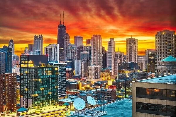 Chicago, Illinois, USA downtown city skyline at dawn