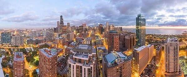 Chicago, Illinois, USA downtown city skyline from above at dusk