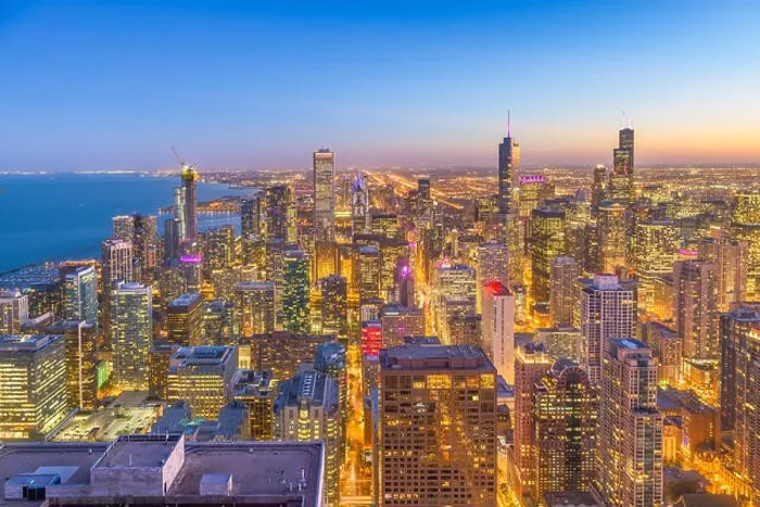 Framed Print : Chicago, Illinois, USA downtown city skyline from above at dusk Framed Print : Chicago, Illinois, USA downtown city skyline from above at dusk