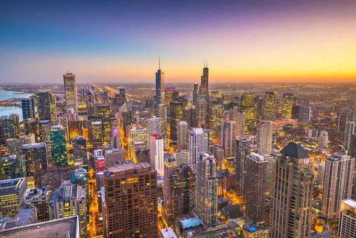 Framed Print : Chicago, Illinois, USA downtown city skyline from above at dusk Framed Print : Chicago, Illinois, USA downtown city skyline from above at dusk