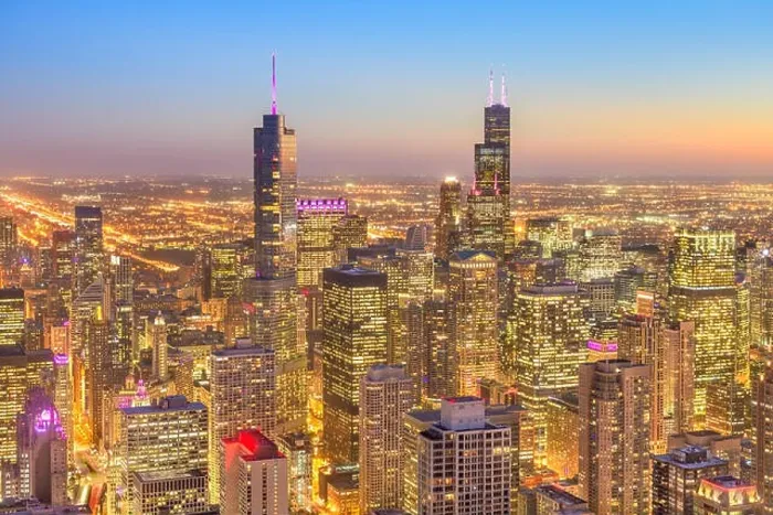 Framed Print : Chicago, Illinois, USA downtown city skyline from above at dusk Framed Print : Chicago, Illinois, USA downtown city skyline from above at dusk