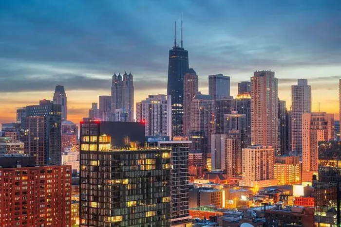 Framed Print : Chicago, Illinois, USA downtown rooftop skyline at dawn