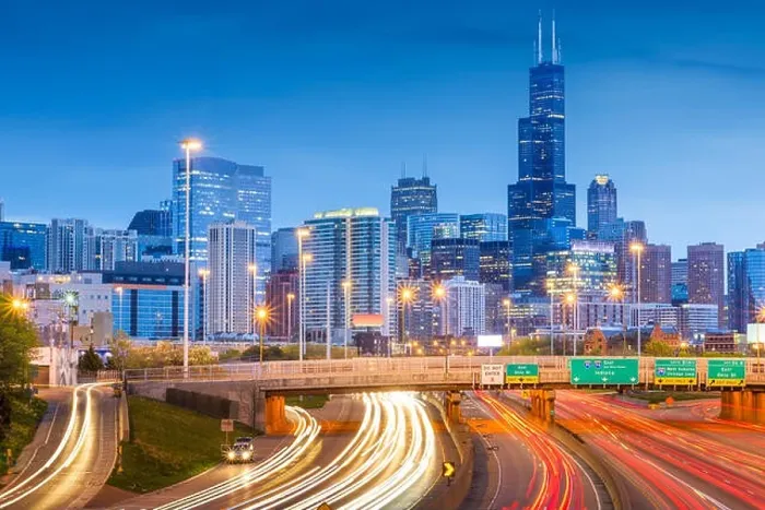 Framed Print : Chicago, Illinois, USA downtown skyline over highways at twilight Framed Print : Chicago, Illinois, USA downtown skyline over highways at twilight