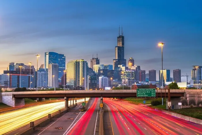 Framed Print : Chicago, Illinois, USA downtown skyline over highways at twilight Framed Print : Chicago, Illinois, USA downtown skyline over highways at twilight