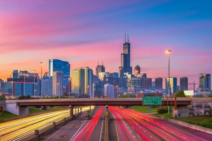 Framed Print : Chicago, Illinois, USA downtown skyline over highways at twilight Framed Print : Chicago, Illinois, USA downtown skyline over highways at twilight