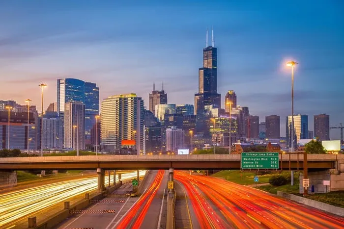 Framed Print : Chicago, Illinois, USA downtown skyline over highways at twilight Framed Print : Chicago, Illinois, USA downtown skyline over highways at twilight