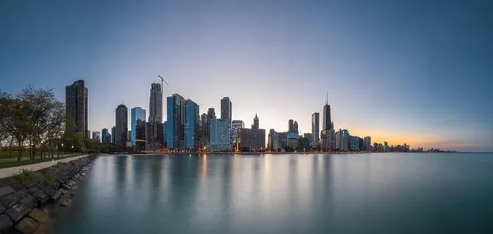 Framed Print : Chicago, Illinois, USA downtown skyline from Lake Michigan at dusk Framed Print : Chicago, Illinois, USA downtown skyline from Lake Michigan at dusk
