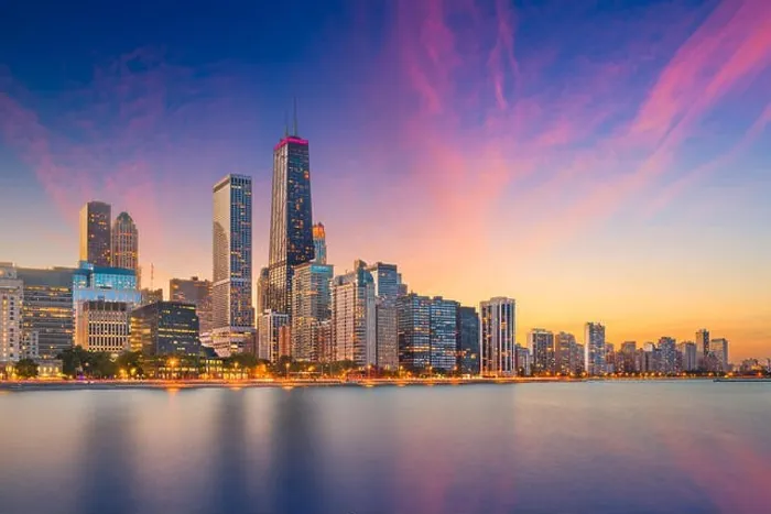 Framed Print : Chicago, Illinois, USA downtown skyline from Lake Michigan at dusk Framed Print : Chicago, Illinois, USA downtown skyline from Lake Michigan at dusk