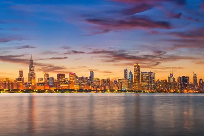 Framed Print : Chicago, Illinois, USA downtown skyline from Lake Michigan at dusk Framed Print : Chicago, Illinois, USA downtown skyline from Lake Michigan at dusk