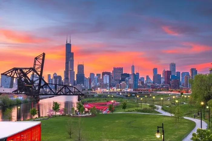 Framed Print : Chicago, Illinois, USA park and downtown skyline at twilight Framed Print : Chicago, Illinois, USA park and downtown skyline at twilight