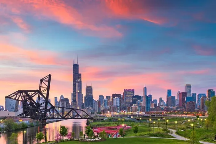 Framed Print : Chicago, Illinois, USA park and downtown skyline at twilight Framed Print : Chicago, Illinois, USA park and downtown skyline at twilight