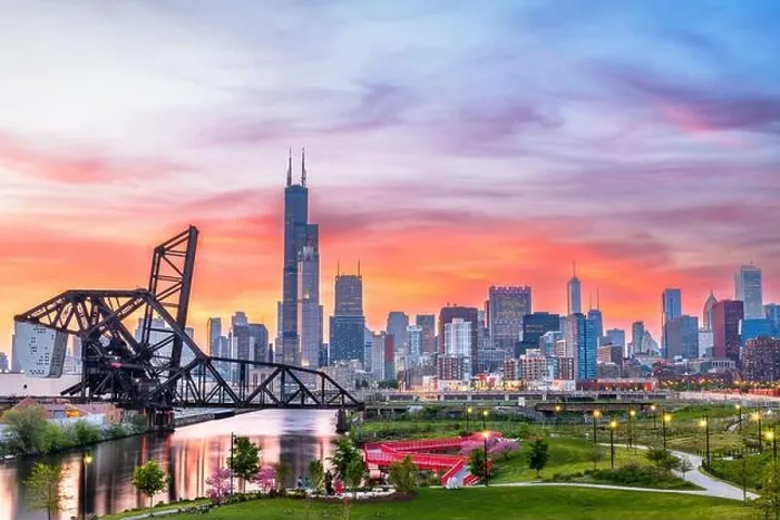 Framed Print : Chicago, Illinois, USA park and downtown skyline at twilight in spring Framed Print : Chicago, Illinois, USA park and downtown skyline at twilight in spring