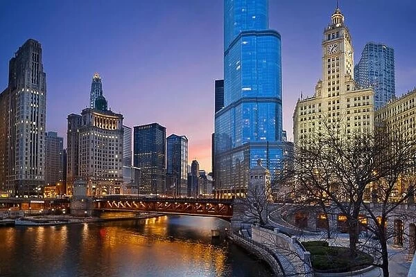 Chicago riverside. Image of Chicago downtown district at twilight