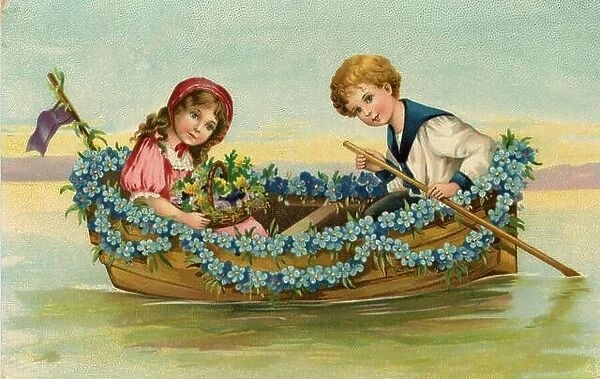 Children in a forget-me-not-wreathed boat, (postcard)