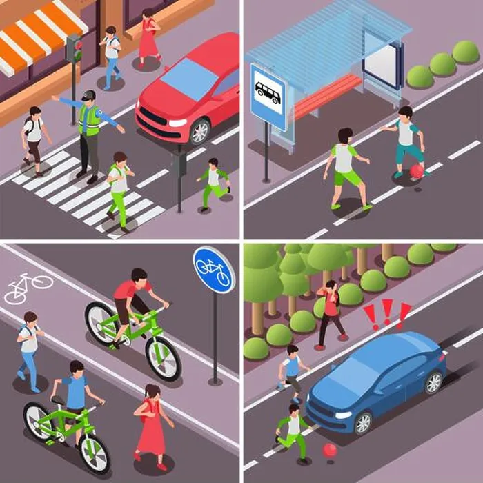 Framed Print : Children road safety rules isometric 2x2 set with isolated outdoor views of people crossing streets roads vector Framed Print : Children road safety rules isometric 2x2 set with isolated outdoor views of people crossing streets roads vector