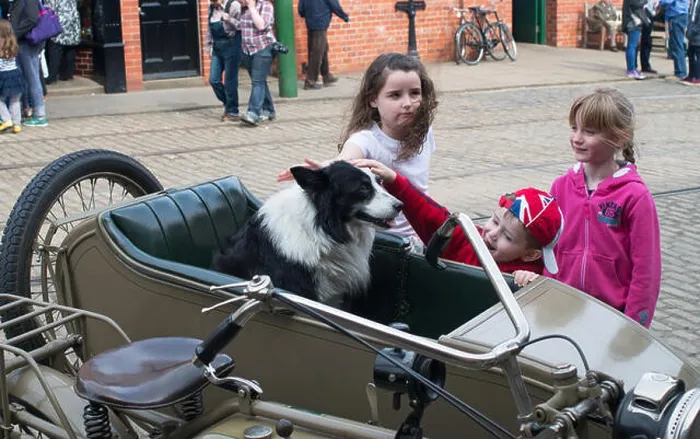 Framed Print : Children stroking dog in motorcycle sidecar Great North Steam Fair, Beamish Museum, England UK