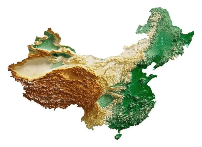Framed Print : China. Detailed 3D rendering of a shaded relief map with rivers and lakes
