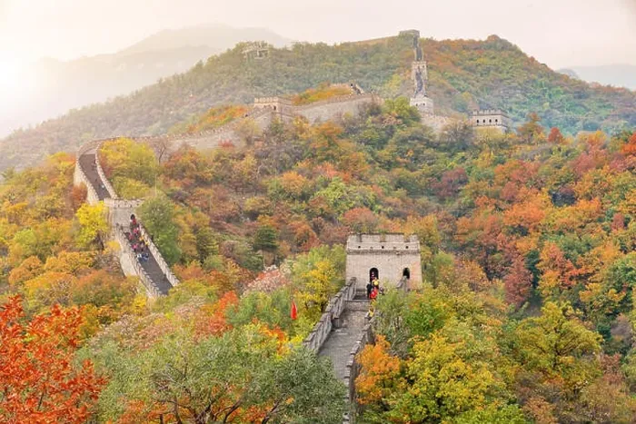 Framed Print : China The great wall distant view compressed towers and wall segments autumn season in mountains near Beijing ancient chinese fortification military l