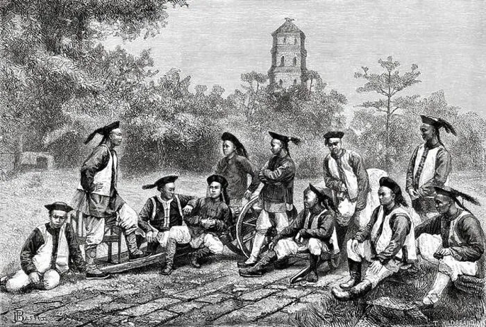 Framed Print : Chinese gunners, China. Old 19th century engraved illustration, Trip to Beijing and North China 1873 Framed Print : Chinese gunners, China. Old 19th century engraved illustration, Trip to Beijing and North China 1873
