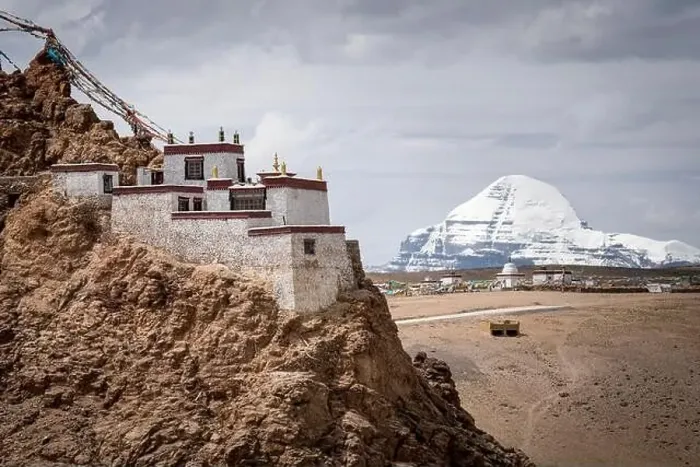 Framed Print : Chiu Gompa near Mansarovar Lake with snow covered Mount Kailash in the background; Burang County Framed Print : Chiu Gompa near Mansarovar Lake with snow covered Mount Kailash in the background; Burang County