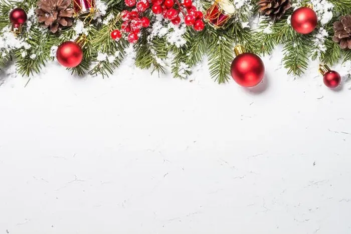 Framed Print : Christmas background. Red christmas decorations with snow and fir tree branch on white marble table Framed Print : Christmas background. Red christmas decorations with snow and fir tree branch on white marble table