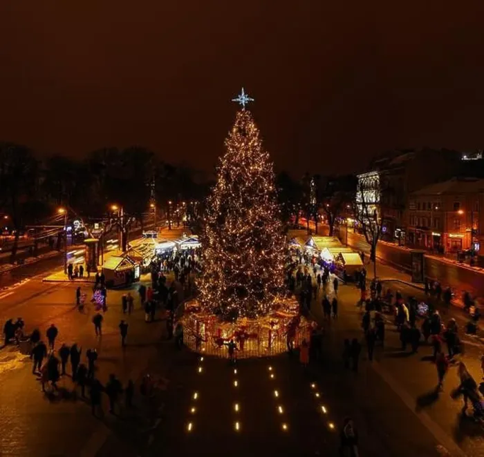 Framed Print : Christmas tree near National Opera in Lviv, Ukraine. View from drone Framed Print : Christmas tree near National Opera in Lviv, Ukraine. View from drone