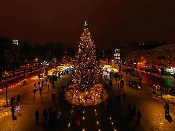 Framed Print : Christmas tree near National Opera in Lviv, Ukraine. View from drone Framed Print : Christmas tree near National Opera in Lviv, Ukraine. View from drone