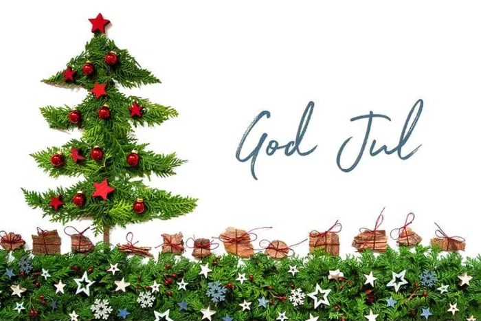 Framed Print : Christmas Tree, Red Balls, Fir Branch, God Jul Means Merry Christmas Framed Print : Christmas Tree, Red Balls, Fir Branch, God Jul Means Merry Christmas