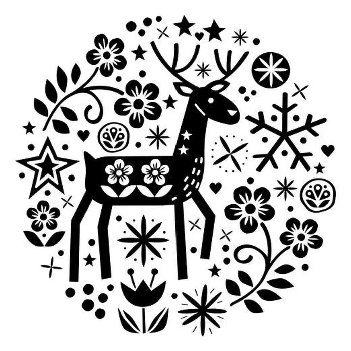 Framed Print : Christmas vector round design with reindeer, flowers, cute Scandinavian folk art pattern in black on white background - Merry Christmas decoration Framed Print : Christmas vector round design with reindeer, flowers, cute Scandinavian folk art pattern in black on white background - Merry Christmas decoration