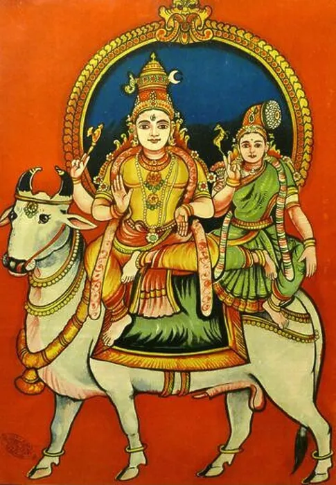 Framed Print : Chromolithographic print depicting Shiva and Parvati riding on the bull Nandi Framed Print : Chromolithographic print depicting Shiva and Parvati riding on the bull Nandi