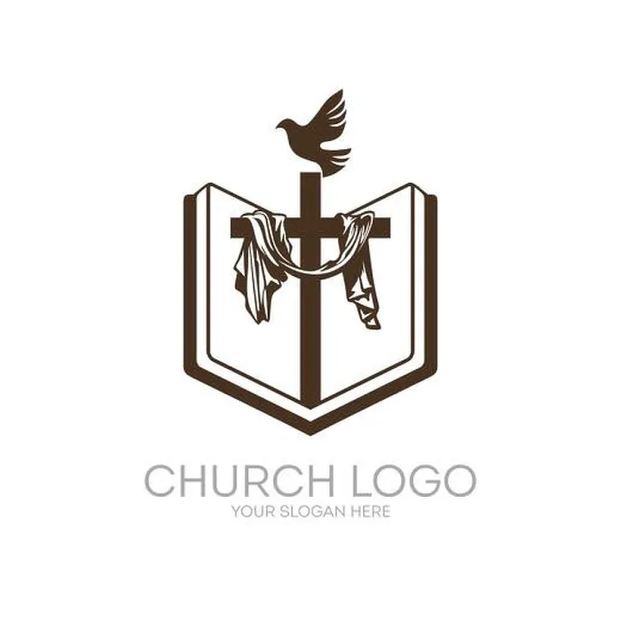 Framed Print : Church logo. Christian symbols. Bible, Holy Scripture, the cross of Jesus Christ and the Holy Spirit as a dove Framed Print : Church logo. Christian symbols. Bible, Holy Scripture, the cross of Jesus Christ and the Holy Spirit as a dove