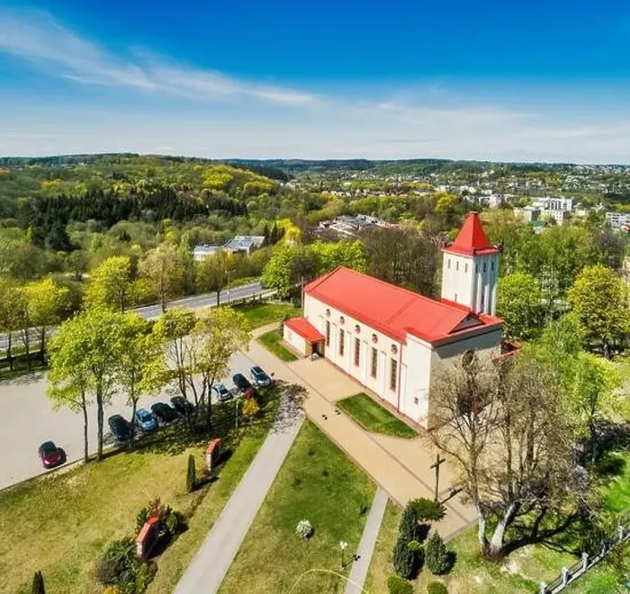 Framed Print : A church in Naujoji Vilnia, Vilnius, Lithuania from the drone perspective