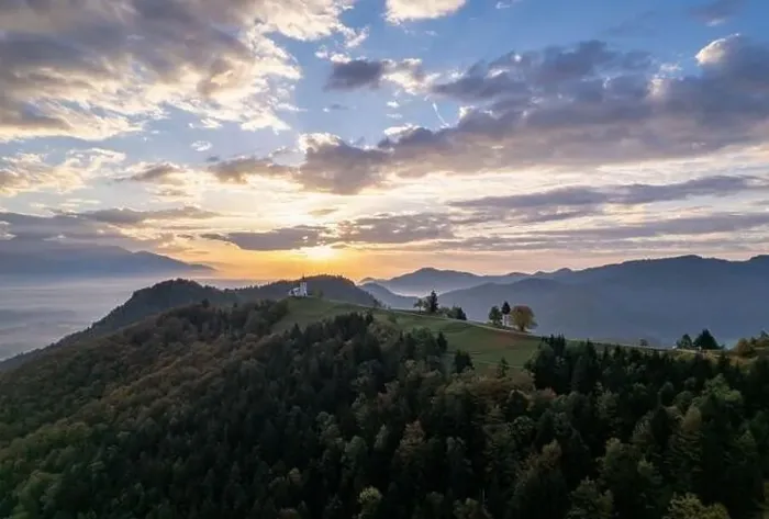 Framed Print : The Church of St. Primož and Felicijan, Jamnik, Slovenia, sunset drone photo Framed Print : The Church of St. Primož and Felicijan, Jamnik, Slovenia, sunset drone photo