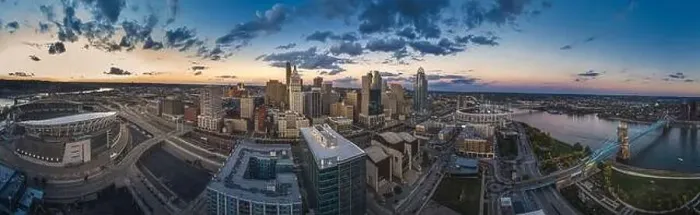 Framed Print : Cincinnati downtown aerial view at evening twilight, Ohio, USA skyline Framed Print : Cincinnati downtown aerial view at evening twilight, Ohio, USA skyline