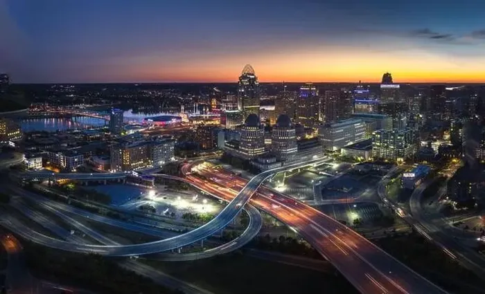 Framed Print : Cincinnati downtown aerial view at evening twilight, Ohio, USA skyline Framed Print : Cincinnati downtown aerial view at evening twilight, Ohio, USA skyline
