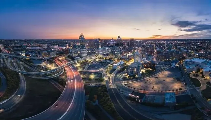 Framed Print : Cincinnati downtown aerial view at evening twilight, Ohio, USA skyline Framed Print : Cincinnati downtown aerial view at evening twilight, Ohio, USA skyline