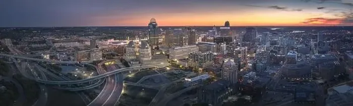 Framed Print : Cincinnati downtown aerial view at evening twilight, Ohio, USA skyline Framed Print : Cincinnati downtown aerial view at evening twilight, Ohio, USA skyline