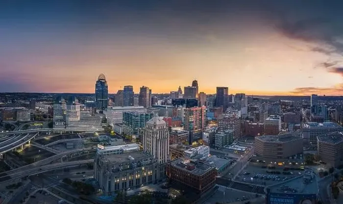 Framed Print : Cincinnati downtown aerial view at evening twilight, Ohio, USA skyline Framed Print : Cincinnati downtown aerial view at evening twilight, Ohio, USA skyline