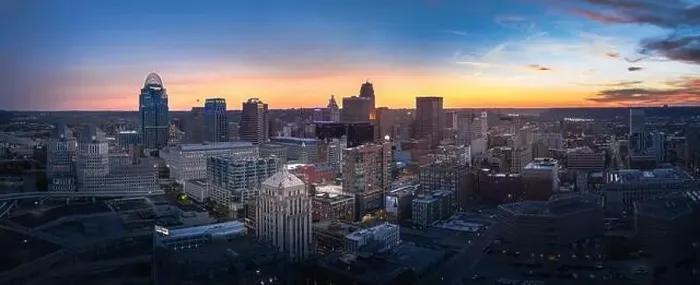 Framed Print : Cincinnati downtown aerial view at evening twilight, Ohio, USA skyline Framed Print : Cincinnati downtown aerial view at evening twilight, Ohio, USA skyline