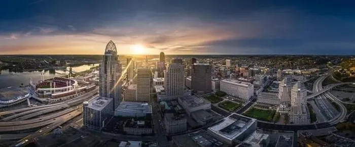 Framed Print : Cincinnati downtown aerial view at evening twilight, Ohio, USA skyline Framed Print : Cincinnati downtown aerial view at evening twilight, Ohio, USA skyline