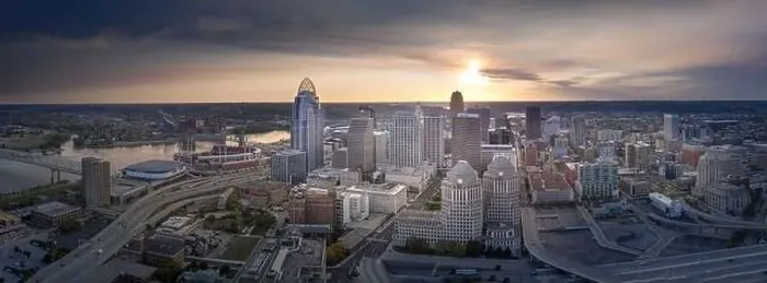 Framed Print : Cincinnati downtown aerial view at evening twilight, Ohio, USA skyline Framed Print : Cincinnati downtown aerial view at evening twilight, Ohio, USA skyline